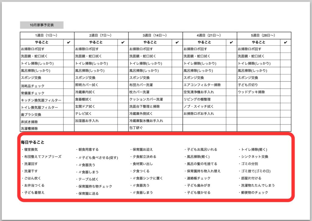 家事リスト毎日やること