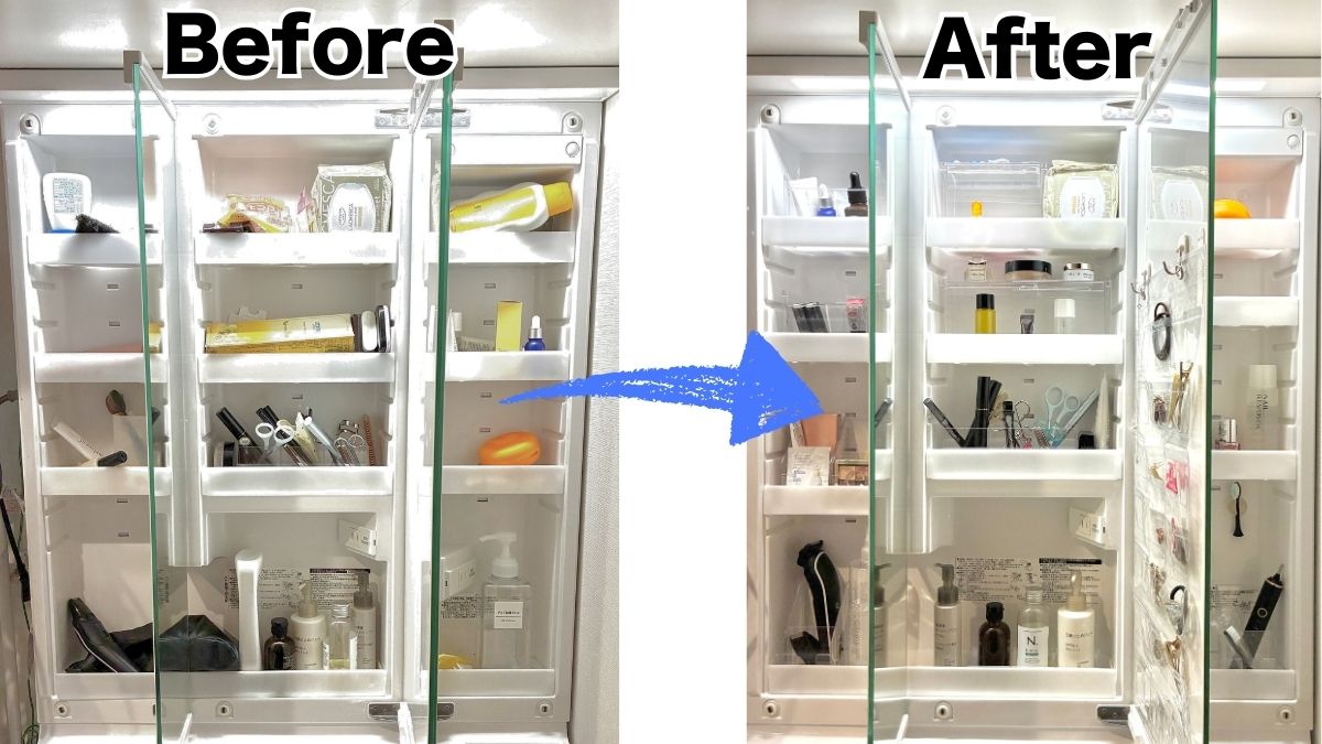 洗面台鏡裏にセリアのウォールポケットがぴったり！アクセサリー化粧品の収納術を公開！